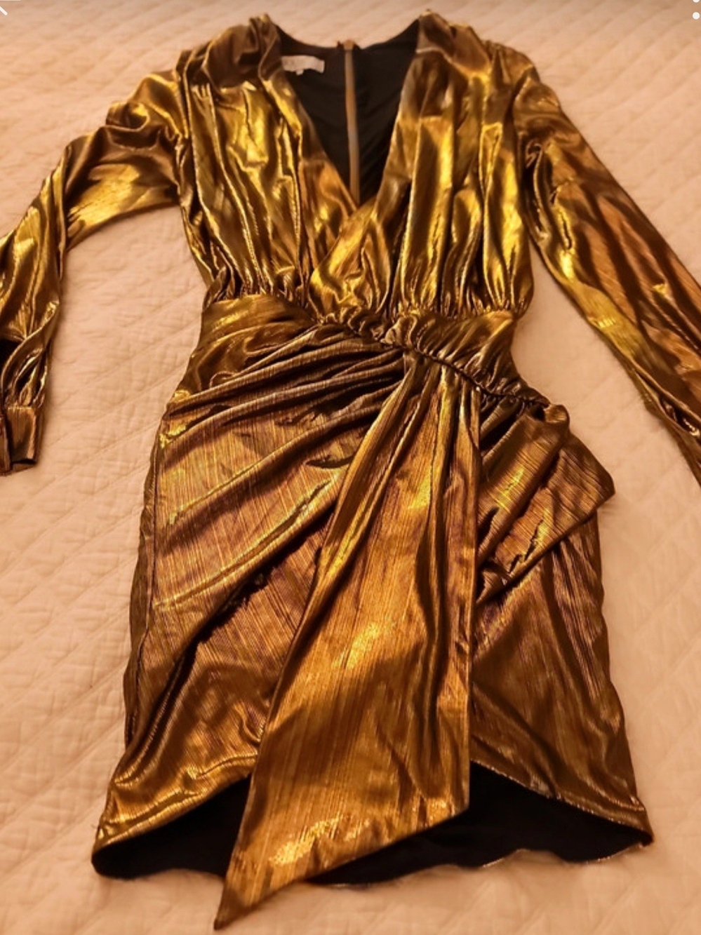 Metallic Gold Wrap-Style Long Sleeve Dress